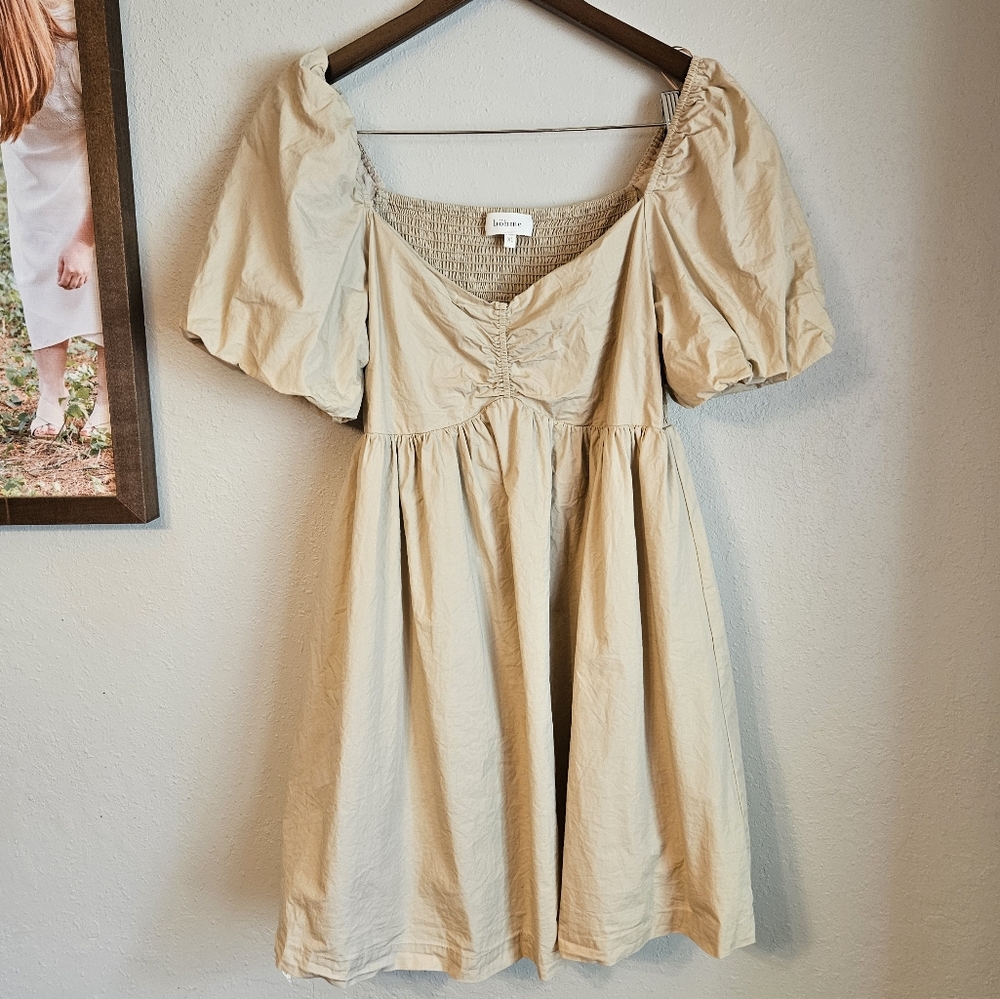 Bohme Cotton Tan Puff Sleeve Baby Doll Dress Sz XL